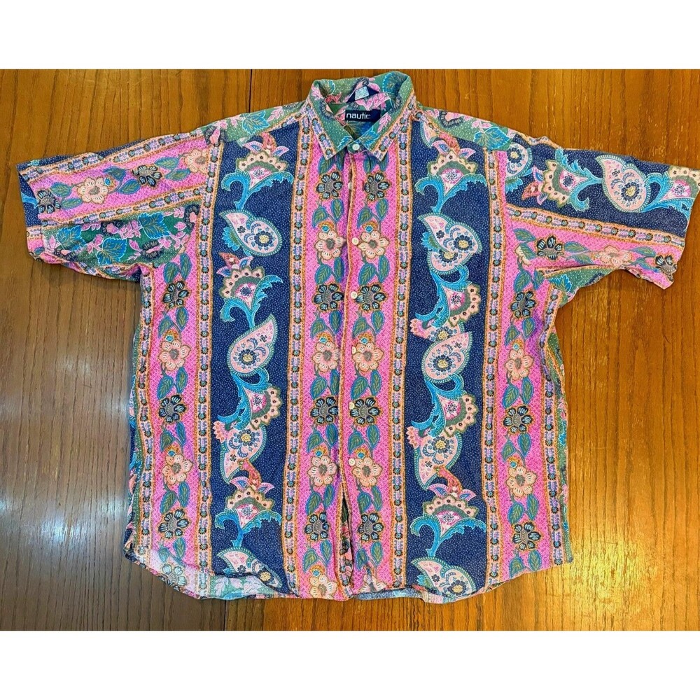 Y2K Vintage Nautica Floral Paisley Button Shirt Colorful Resort Boho Cotton XL